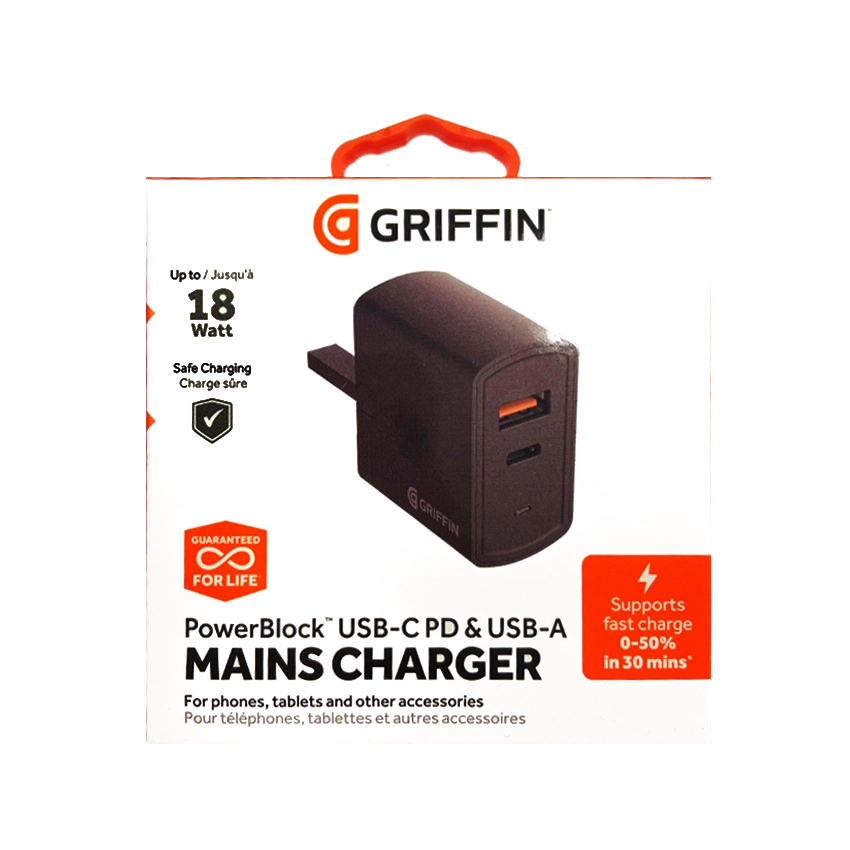 GRIFFIN Powerblock Dual USB-C 15 W & USB-A 12 W Ladegerät UK Schwarz