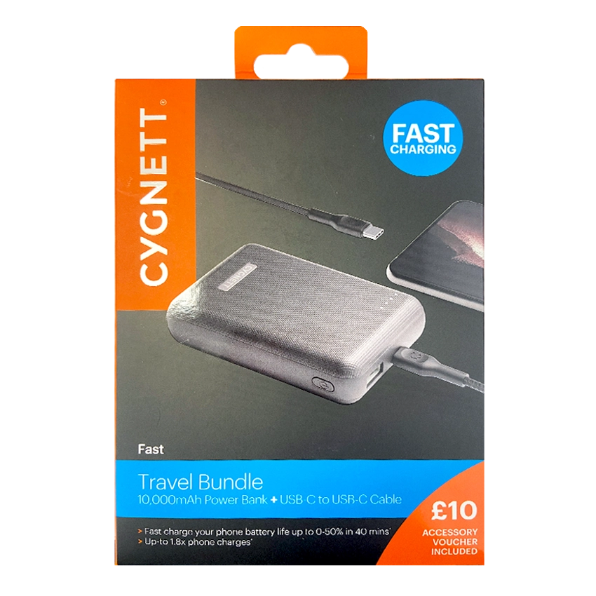 Cygnett Fast Charging travel bundle 10000mAh Power Bank USB-C to USB-C Cable Black